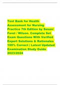 Test Bank for Health  Assessment for Nursing  Practice 7th Edition by Susan/  Foret / Wilson. Complete Set  Exam Questions With Verified  Expert Solutions & Rationales  100% Correct | Latest Updated 