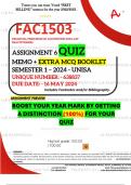 FAC1503 ASSIGNMENT 6 QUIZ MEMO - SEMESTER 1 - 2024 - UNISA - DUE : 16 MAY 2024 (INCLUDES EXTRA 530 PAGES EXTRA MCQ BOOKLET WITH ANSWERS - DISTINCTION GUARANTEED)