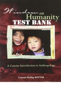 TEST BANK for Window on Humanity: A Concise Introduction to Anthropology. 10th Edition by Conrad Phillip Kottak. All Chapters 1-19. 407 Pages.