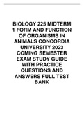 BIOLOGY 225 MIDTERM 1 FORM AND FUNCTION OF ORGANISMS IN ANIMALS CONCORDIA UNIVERSITY 2023 COMING SEMESTER EXAM STUDY GUIDE WITH PRACTICE QUESTIONS AND ANSWERS FULL TEST BANK